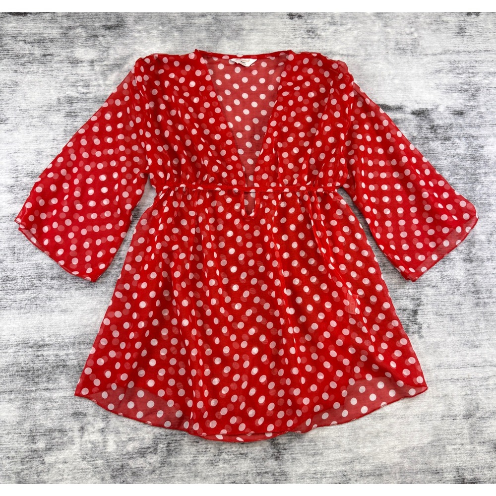 Atmosphere Beach Red Polka Dot Sheer Swim Cover Up Top Size 18 V-Neck Kimono